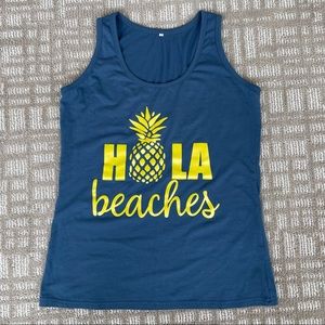 HOLA Beaches 🍍pineapple Navy blue Tank Top with yellow lettering. NWOT Small